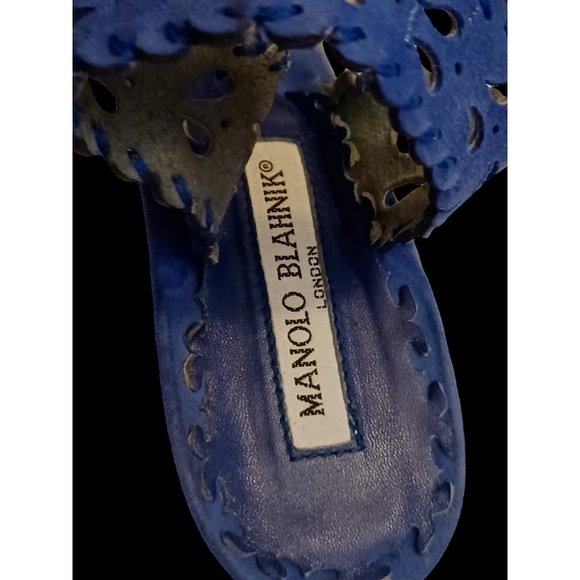 Manolo Blahnik Blue Suede Sling Back Open Pattern High Heel Sandals Size 39.5 - Picture 6 of 12